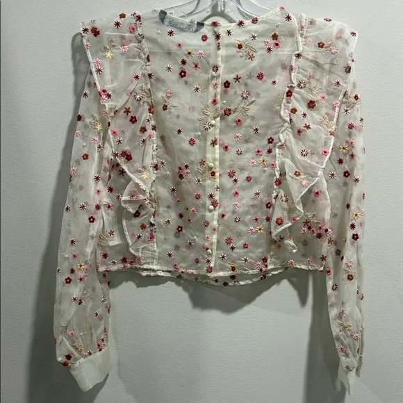 Zara Cream Sheer Blouse with Pink Floral Embroidery & Pearl Design - Picture 5 of 6